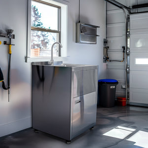 Utility Sink Stainless Steel with Cabinet. Canadian Made Heavy Duty Single Bowl Utility Sink for Laundry Sink, Garage, Pet Washing, Kitchen.Camping Sink Faucet Included 24” x 24”x36”